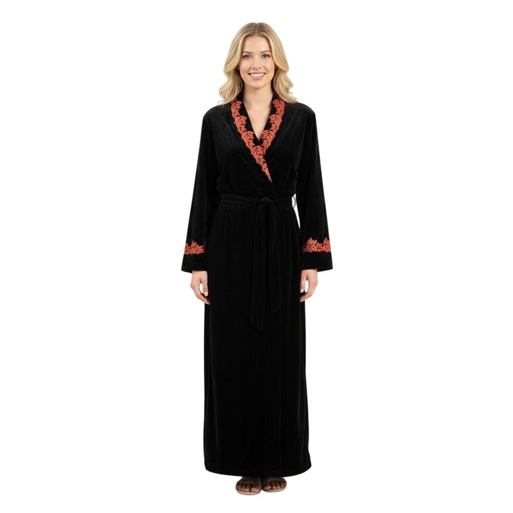 Diamond Tea Vintage Black Velvet Red Leaf Embroidered Robe Unique One Size